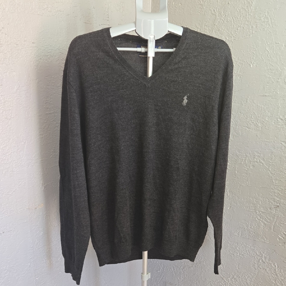 ^Polo Ralph Lauren Dark Gray V-Neck Sweater Merino Wool Soft Preppy Classic
